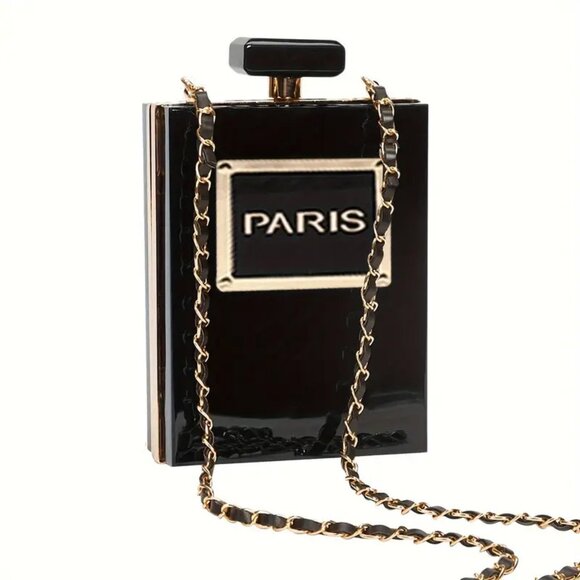 BLACK LUCITE "PARIS" PERFUME BOTTLE CROSSBODY KISS LOCK CLASP PURSE *NEW IN BOX* - Picture 2 of 4